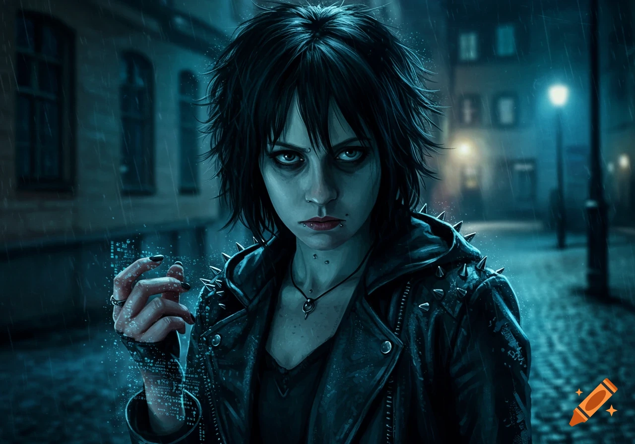 A punk woman with dark hair, piercings, and a spiked jacket stands in a rainy street at night, a glowing digital effect on her hand. Digital art.