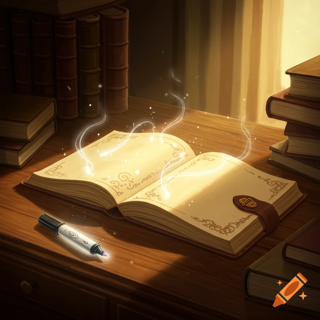 A magical open book glowing on a wooden desk, surrounded by other books, with a marker beside it.