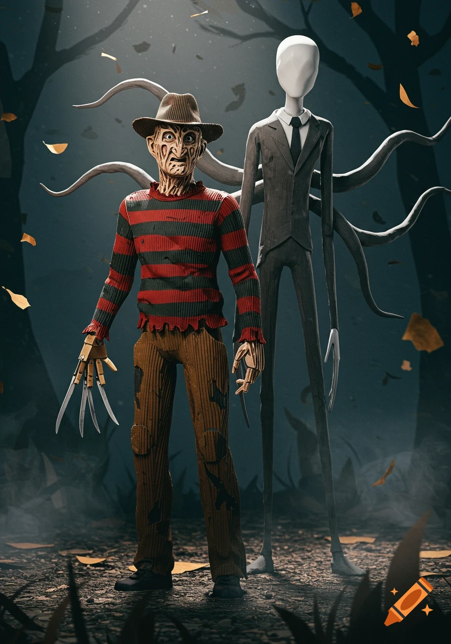 Stylized Freddy Krueger with clawed hands and Slender Man with tendrils stand in a dark, leaf-strewn forest, appearing to be made of cardboard.