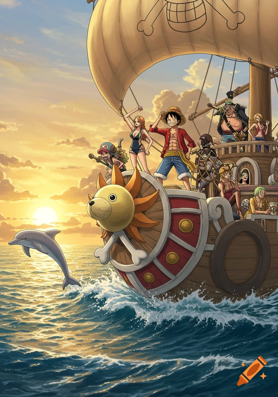 The Straw Hat Pirates sail on the Thousand Sunny ship at sunset, with a dolphin jumping beside them, in anime style.