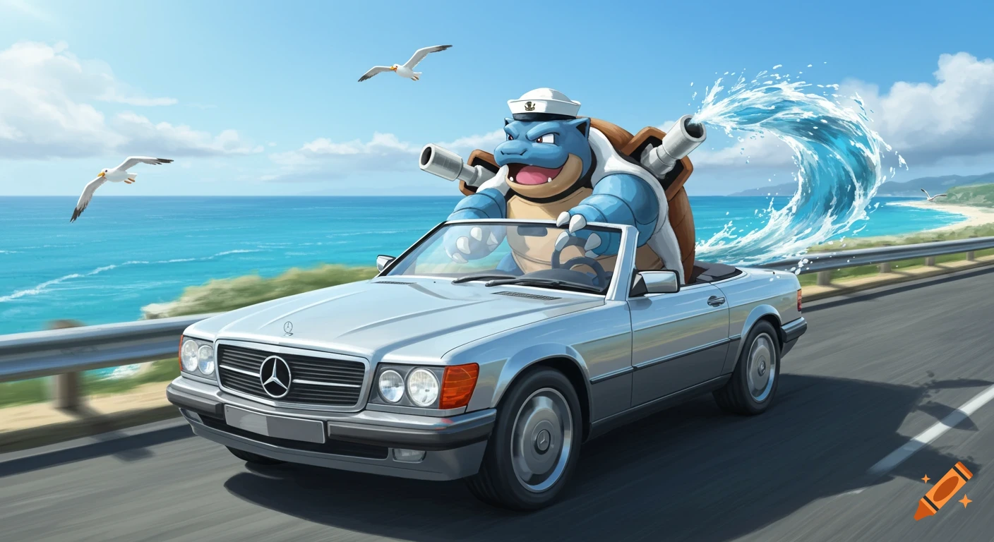 Blastoise in a sailor hat driving a silver Mercedes convertible along a coastal road, spraying water, cartoon style.