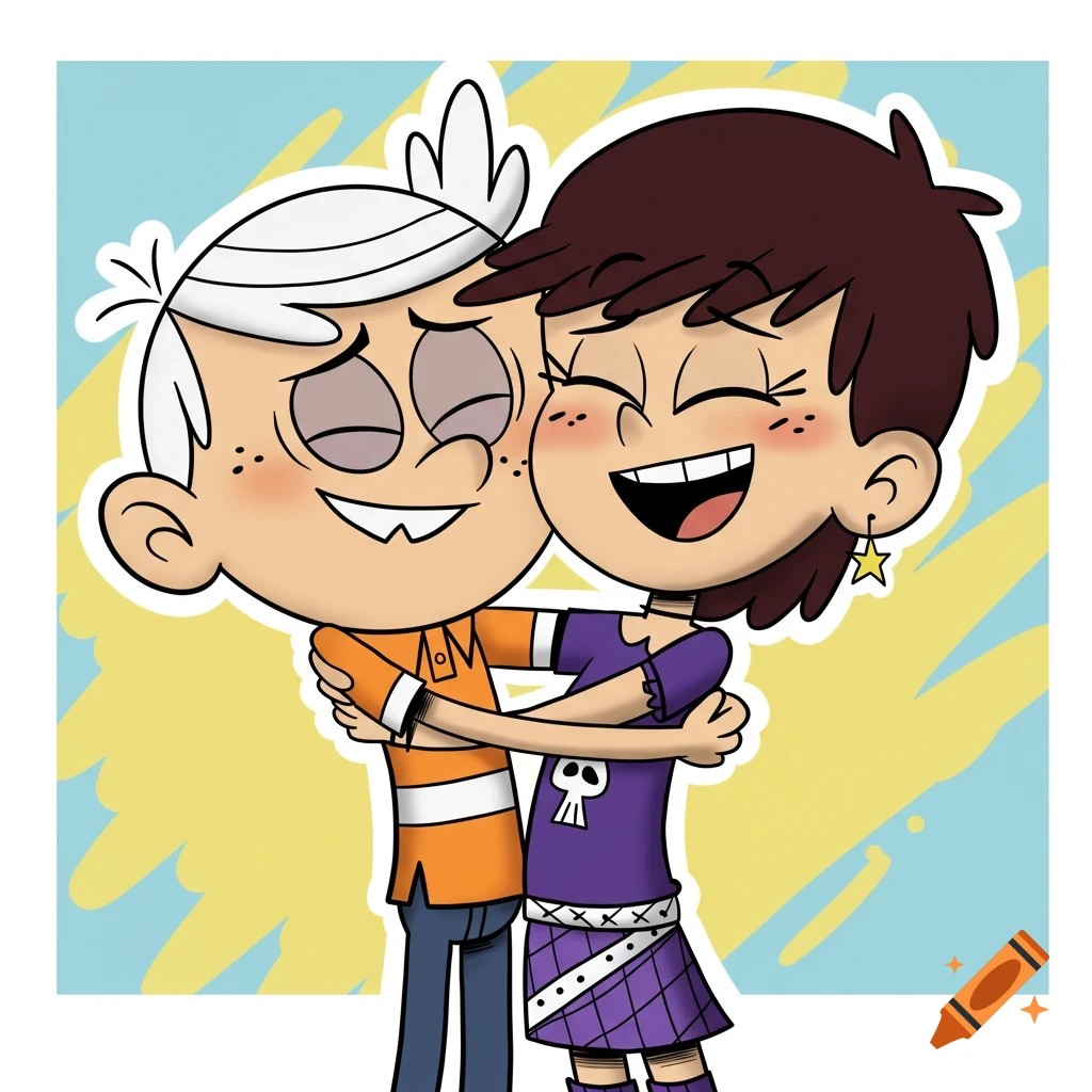 Lincoln Loud and Luna Loud from The Loud House hugging in a colorful cartoon style.
