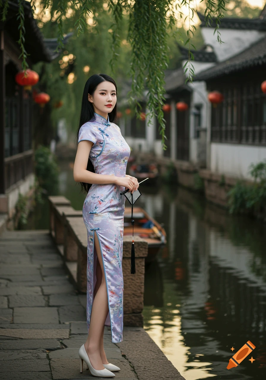 A beautiful Chinese woman in a lavender qipao stands elegantly by a canal in an ancient water town, looking at the viewer. Photorealistic.