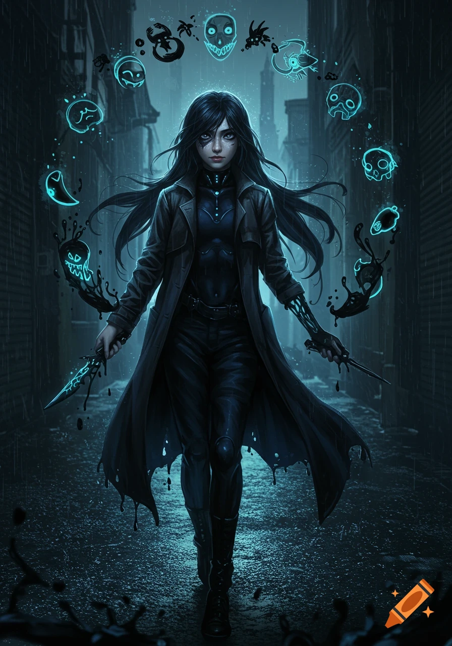 A dark-haired girl in a trench coat stands in a rainy alley, holding glowing daggers amidst ethereal blue ink shapes.