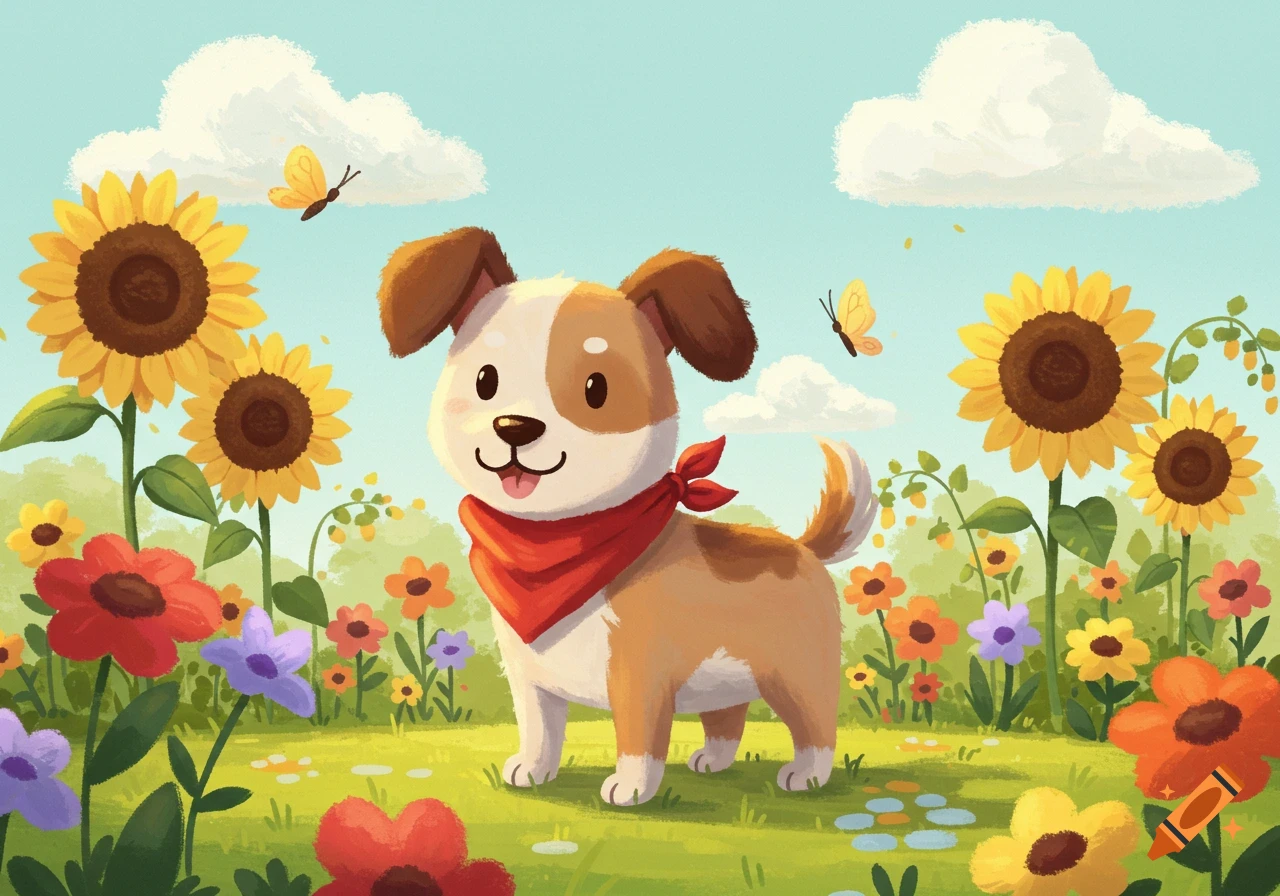 A cute cartoon dog with a red bandana stands in a vibrant field of sunflowers and colorful flowers under a blue sky with clouds and butterflies.