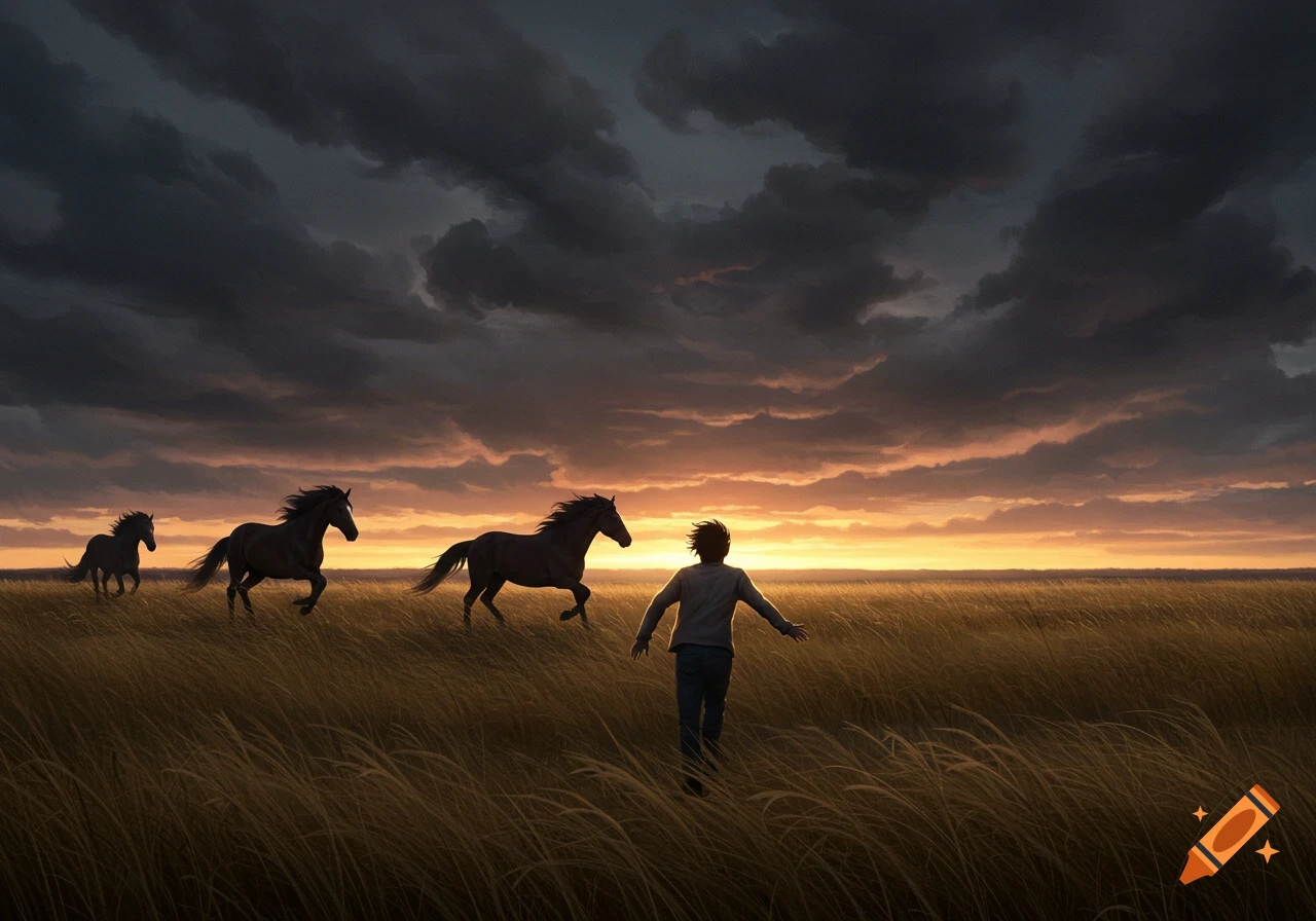 A person runs through tall golden grass with wild horses galloping alongside, under a dramatic stormy sunset sky. Illustrated style.