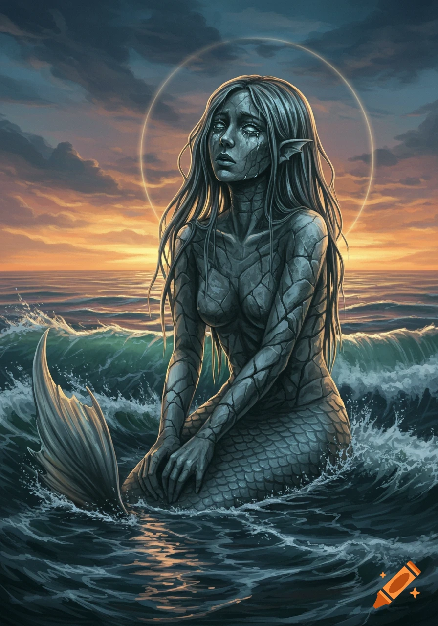 Petrified mermaid with cracked skin and tears, sitting in dark ocean waves with a sunset sky.