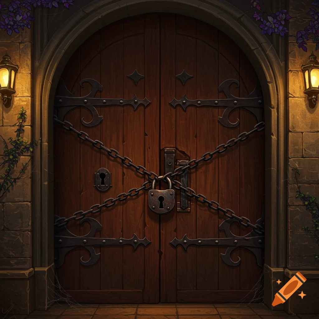 Dark wooden medieval door with iron hinges, secured by chains and a padlock, set in a stone archway with glowing lanterns.