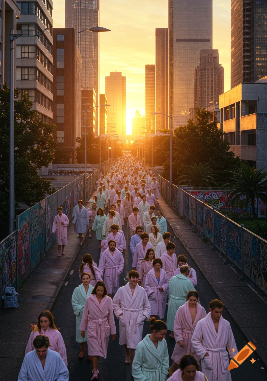 A large crowd of people in pastel bathrobes walks down a city bridge towards a bright sunset, with tall buildings on either side.
