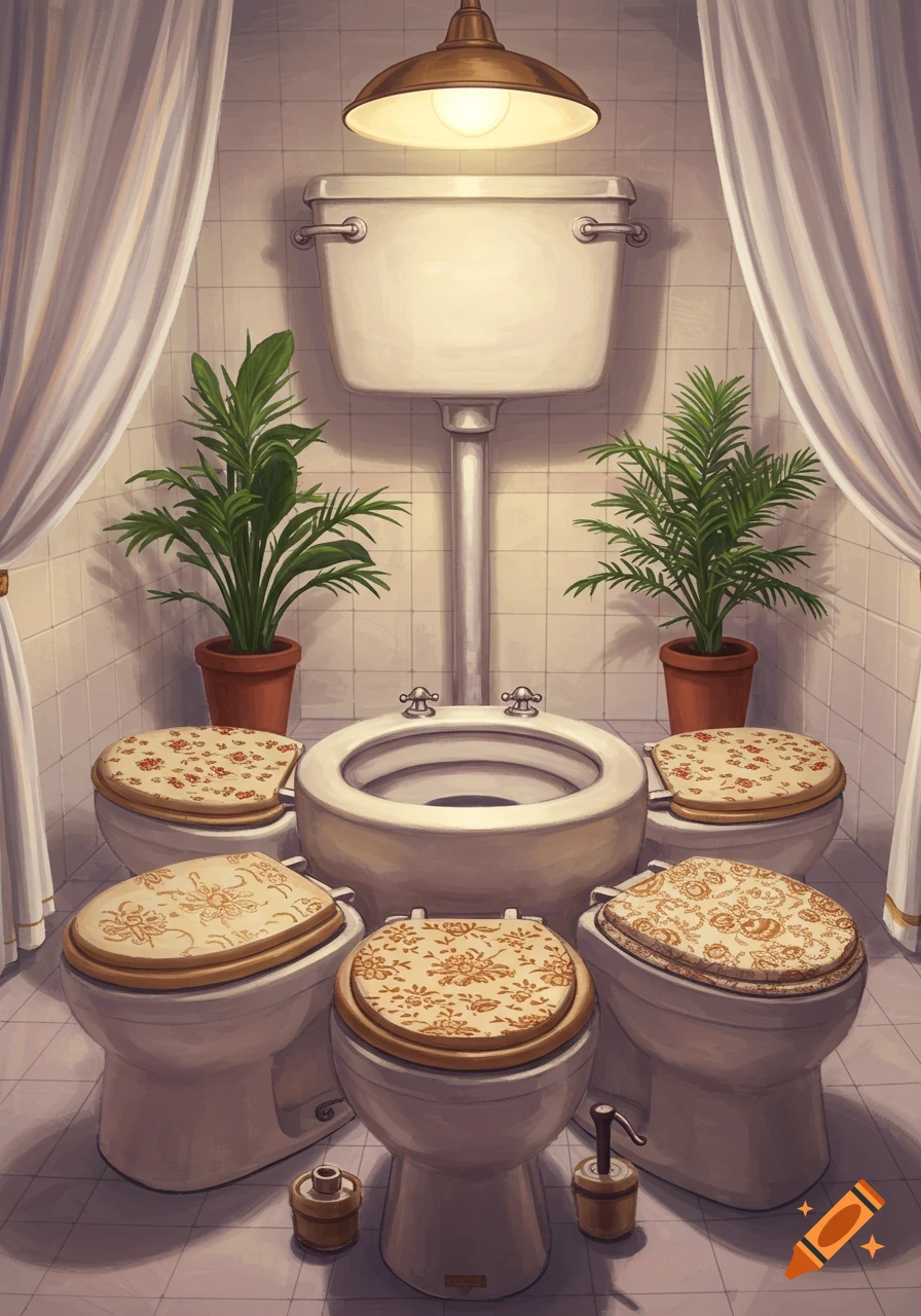 An illustration of a bathroom with a large central toilet bowl surrounded by four smaller toilets with patterned seats and potted plants.
