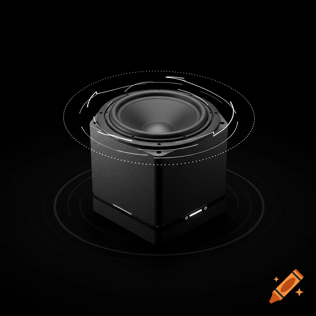 A sleek, minimalist black subwoofer speaker with white abstract soundwave graphics on a dark background.
