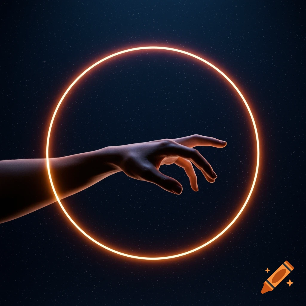 A human hand reaches towards a glowing orange circle against a dark, starry background.