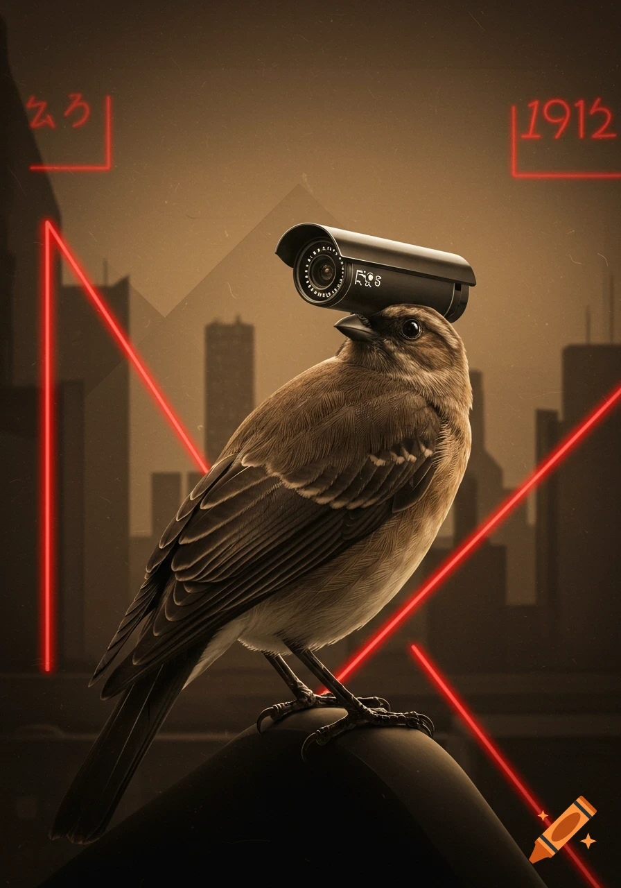 A brown bird with a security camera on its head stands on a dark surface, against a sepia-toned cityscape background with red laser lines and glowing text.