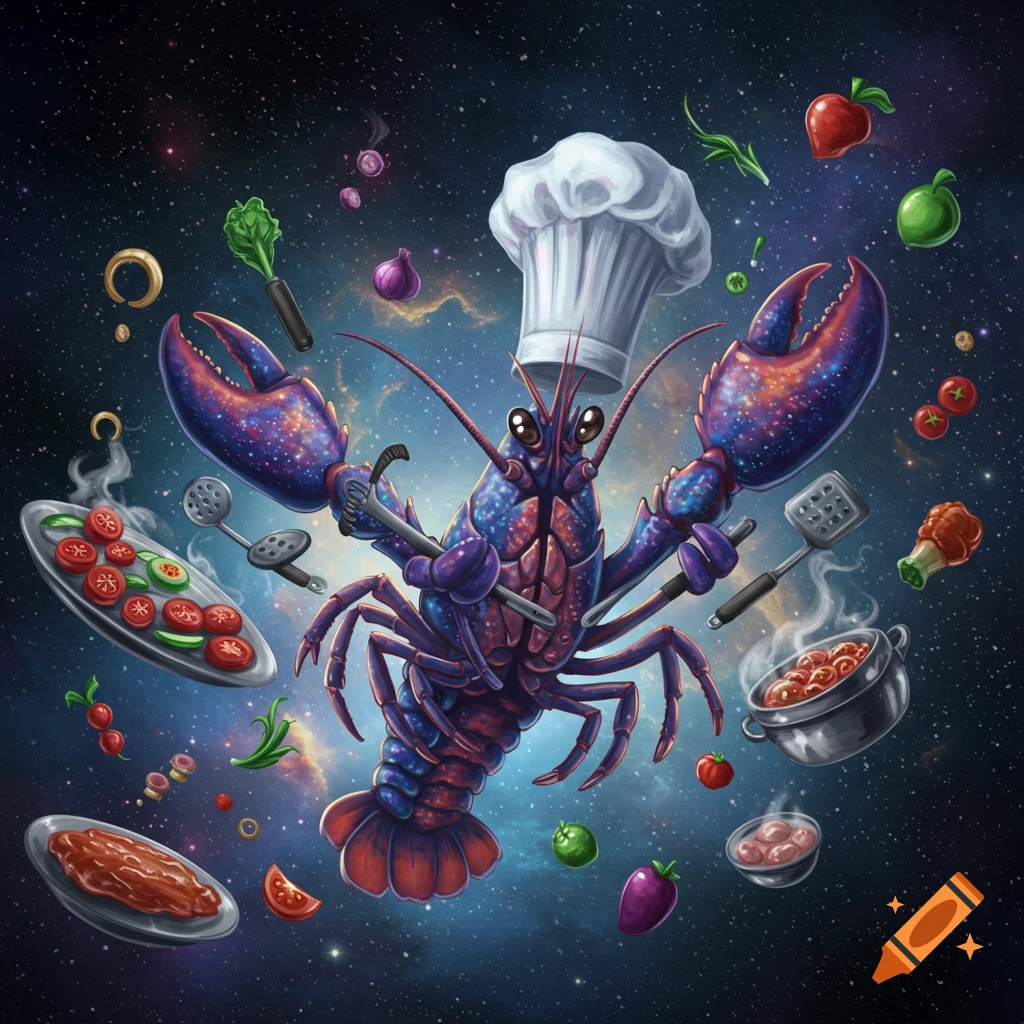 A cosmic lobster wearing a chef's hat, surrounded by various floating food ingredients and cooking utensils in space.