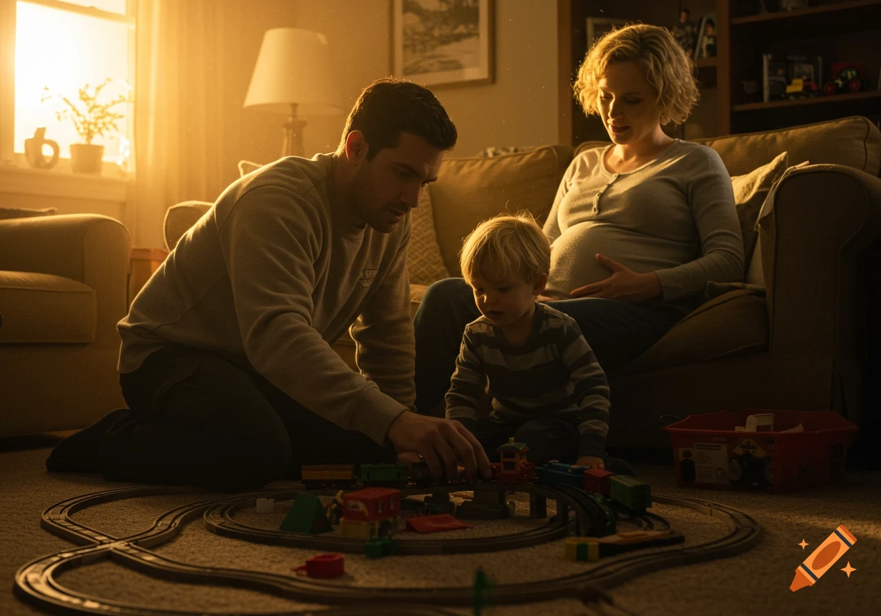 A father and son play with toy trains on the floor while a pregnant mother sits on the couch in a warm living room.
