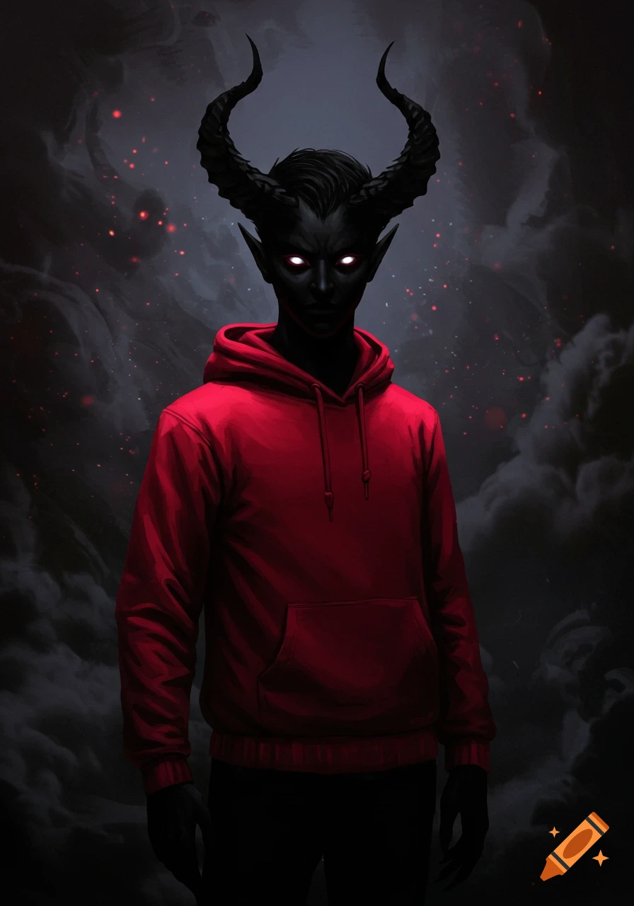 Dark-skinned demon with glowing white eyes, large black horns, and pointed ears, wearing a red hoodie, against a smoky, spark-filled background.