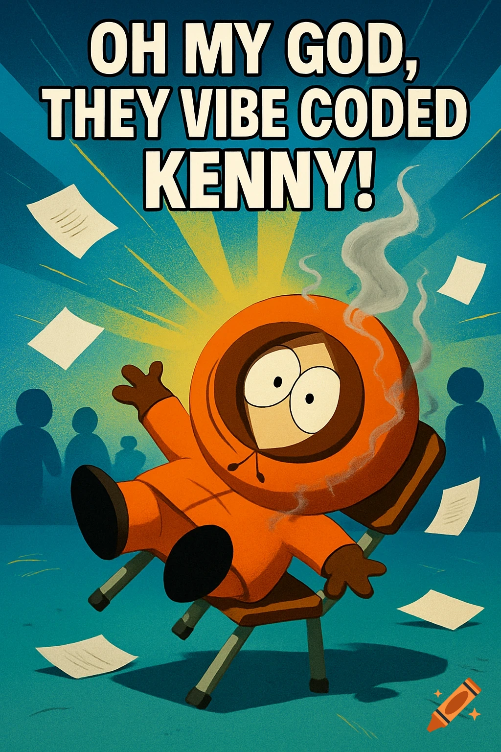 Cartoon Kenny from South Park falls backward in his chair, smoking parka, with text 'OH MY GOD, THEY VIBE CODED KENNY!'