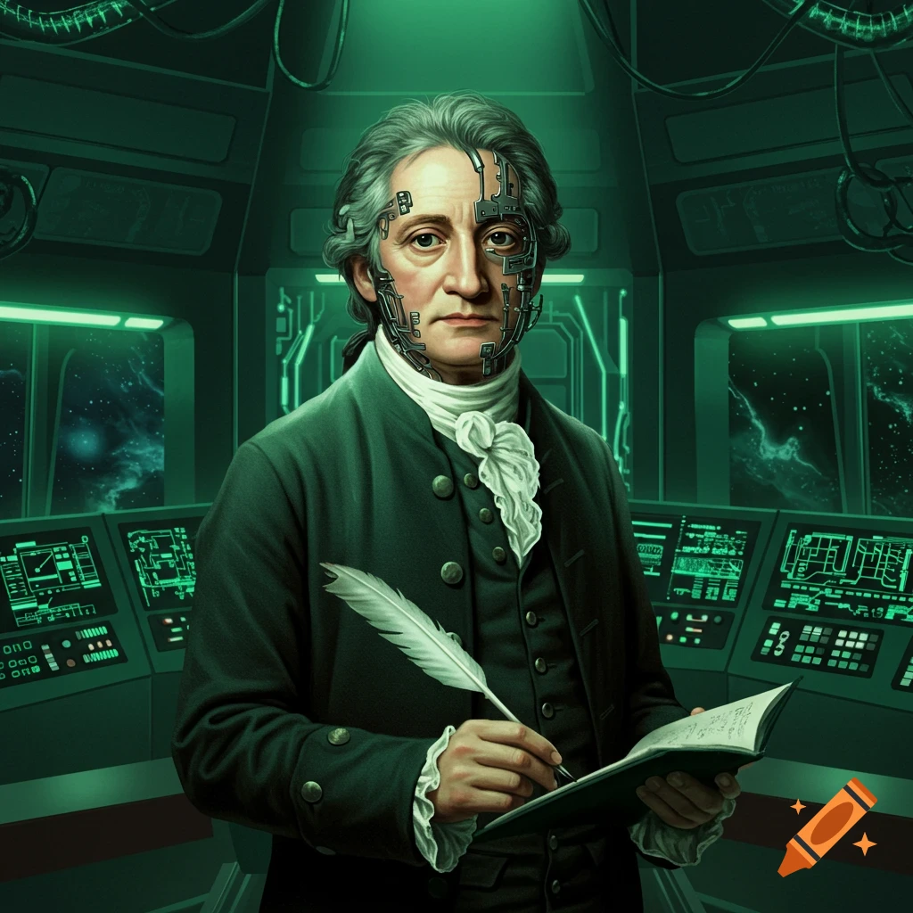 A man resembling Goethe with Borg-like implants writes with a quill in a green-lit spaceship bridge.