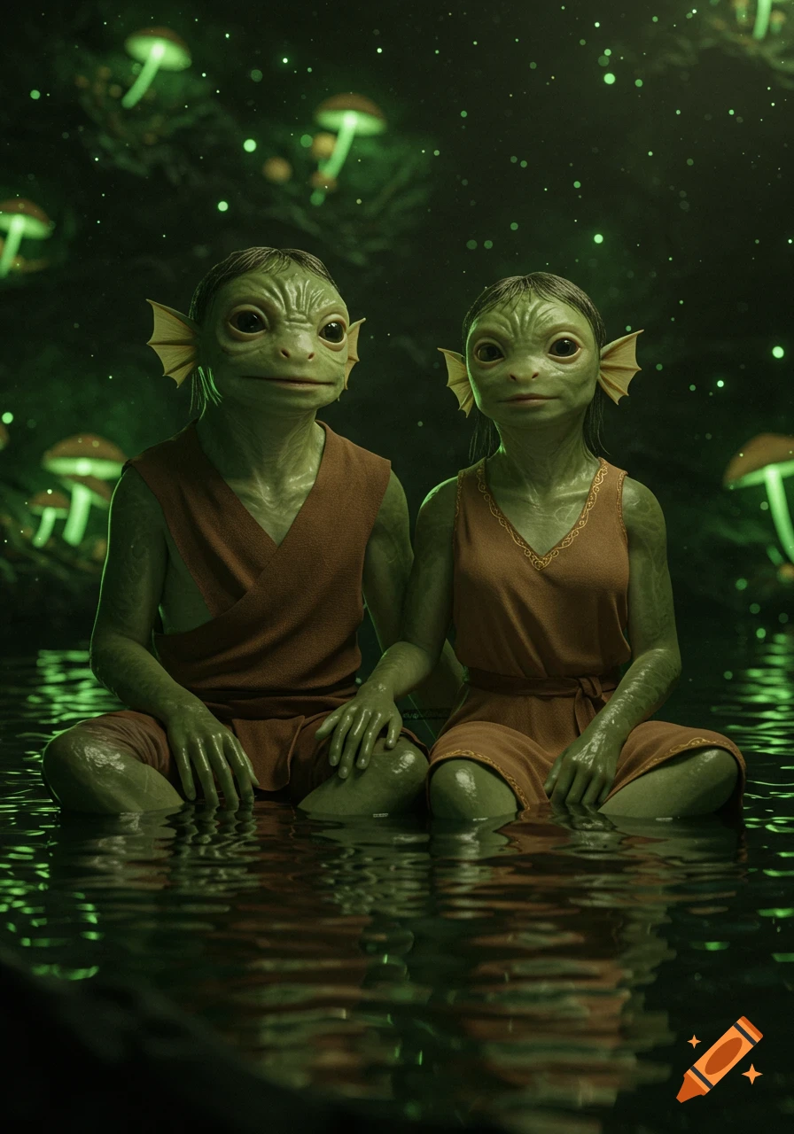 Two green humanoid amphibian creatures sit in shallow water in a dimly lit cavern with glowing fungi. Photorealistic fantasy.