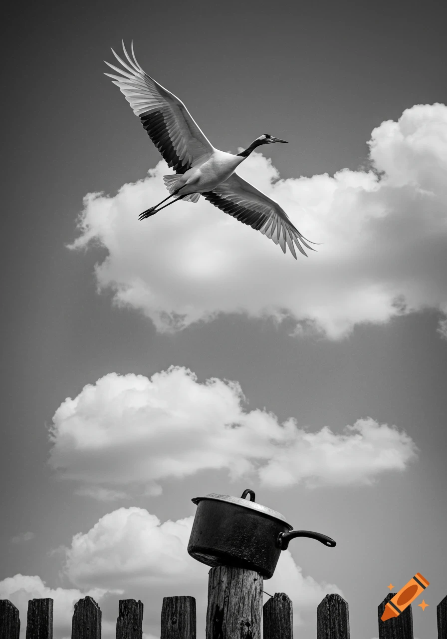 Monochrome photo of a crane flying in a cloudy sky above a saucepan balanced on a weathered wooden fence post.