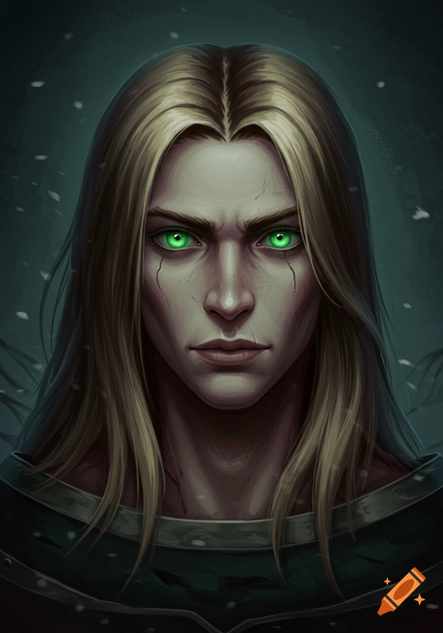 Digital painting of a pale-skinned person with long blonde hair, piercing green glowing eyes, and subtle facial cracks, wearing dark armor.