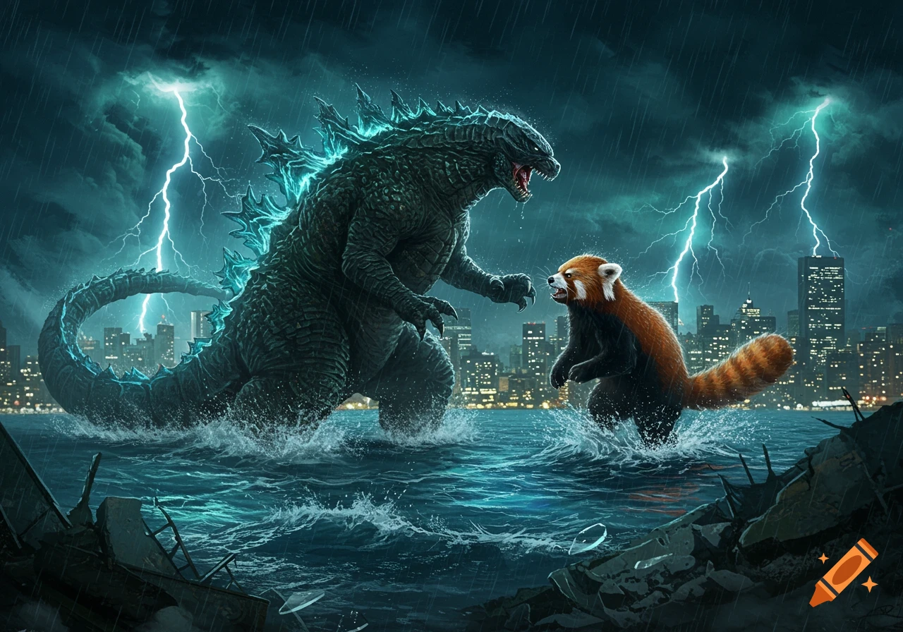 Godzilla and a red panda confront each other in a stormy city harbor with lightning.