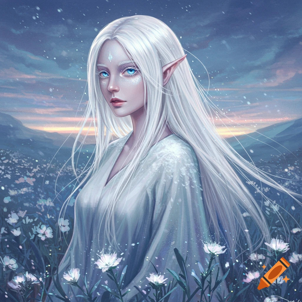 Digital art portrait of an ethereal elf woman with long white hair and piercing blue eyes, standing in a field of white flowers at twilight.