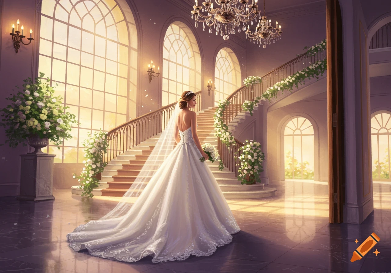 A bride in a white gown stands in a grand, sunlit hall with a curving, flower-adorned staircase and chandeliers.