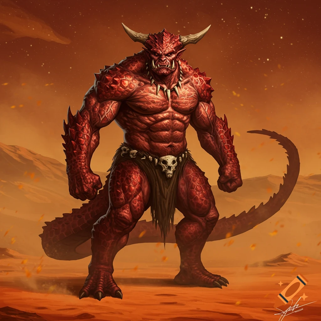 A muscular, red-skinned horned monster with a scaly body and a crocodile-like tail stands in a barren orange landscape.