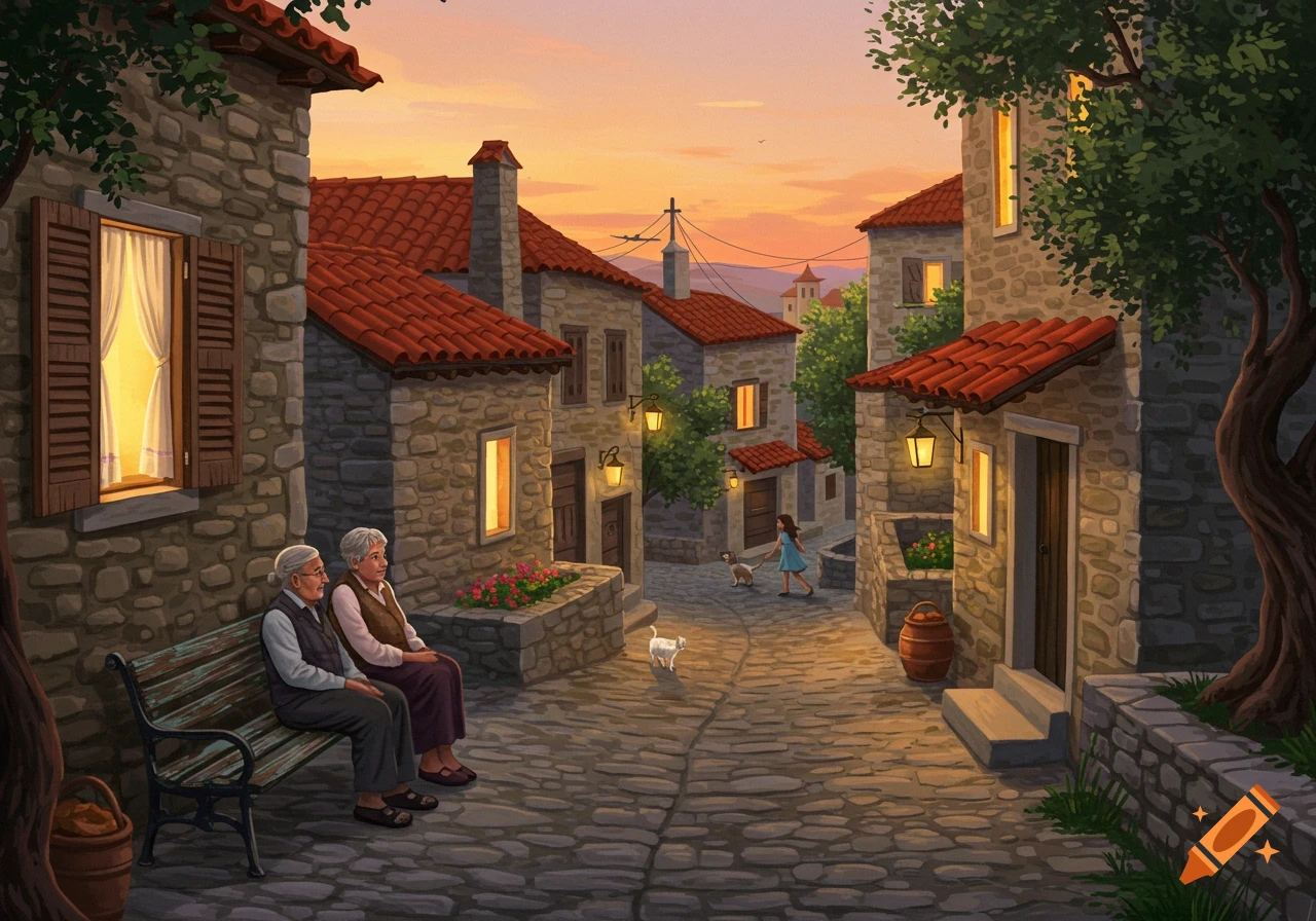 Warm illustration of an old stone village street at sunset. An elderly couple sits on a bench, a girl walks with her dog, and a white cat runs.