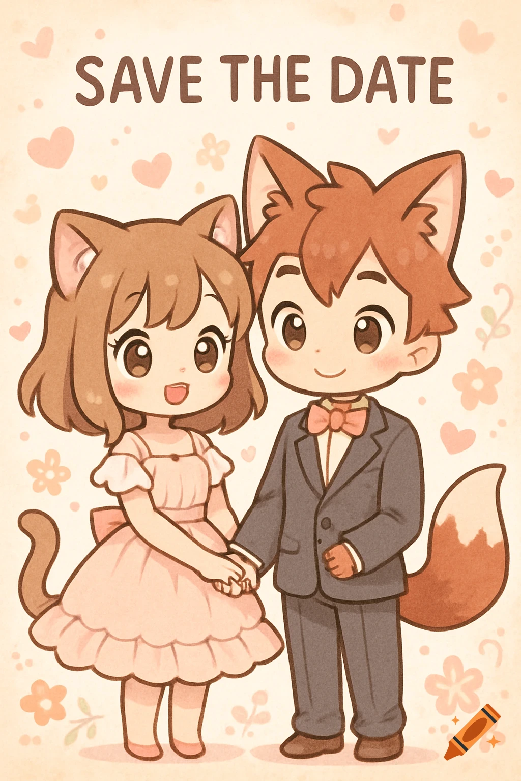 A kawaii anime-style save the date card featuring a cat-girl in a pink dress and a fox-boy in a suit, holding hands and smiling. Text reads "SAVE THE DATE".