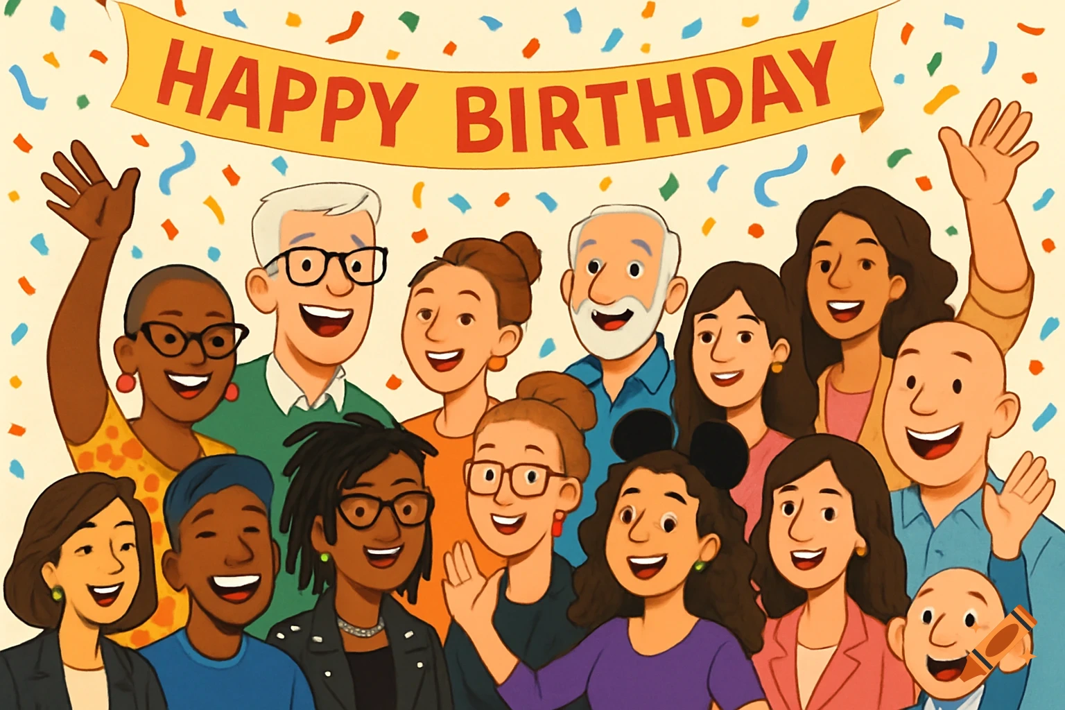 Cartoon illustration of a diverse group of smiling people waving under a 'HAPPY BIRTHDAY' banner with confetti.