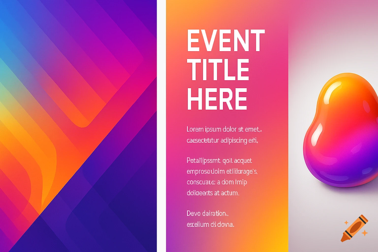 A vibrant event poster design with bold gradient colors, abstract patterns, and a glossy 3D colorful blob on a white background.
