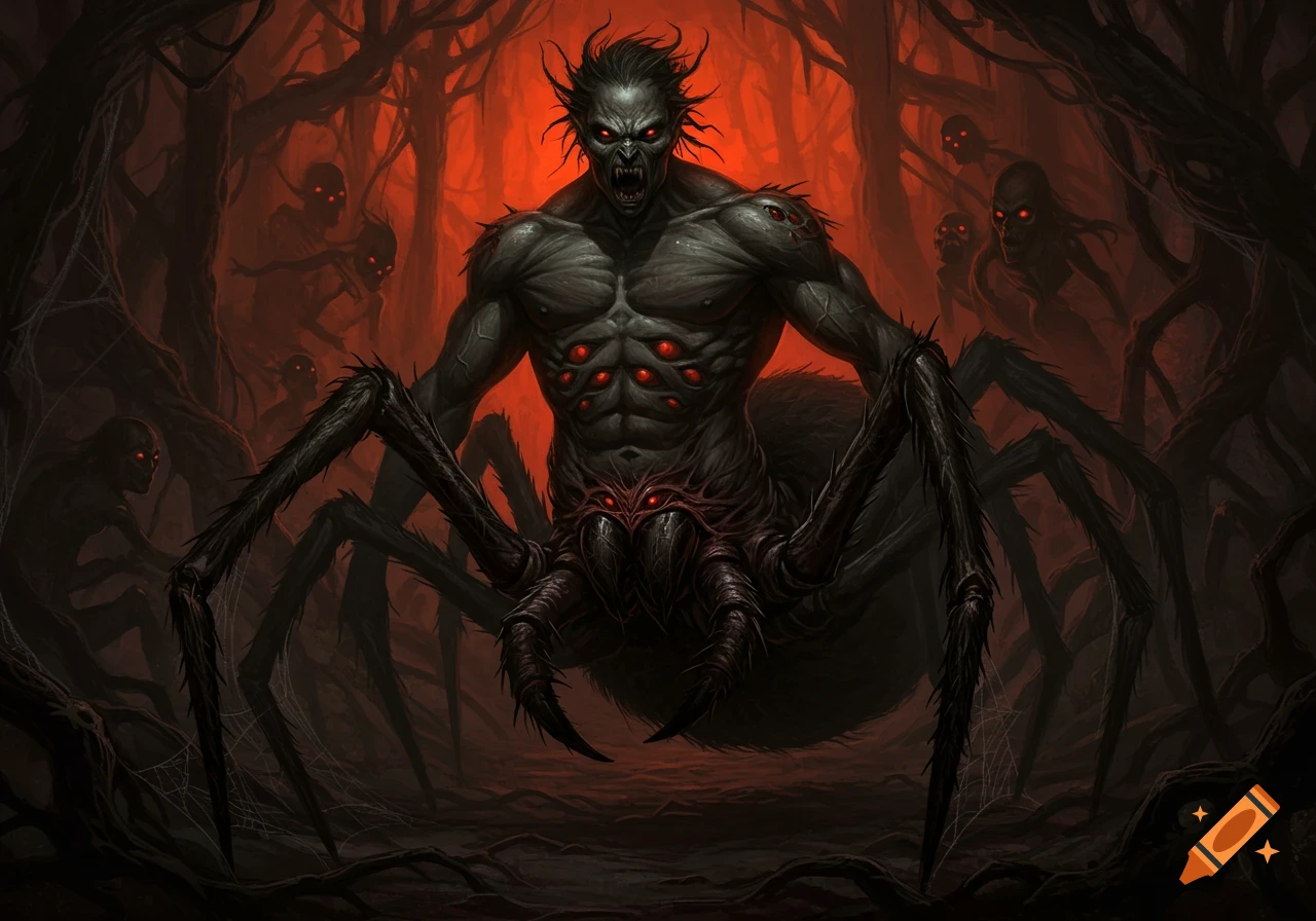 A terrifying dark fantasy spider-human hybrid creature with glowing red eyes in a menacing forest.