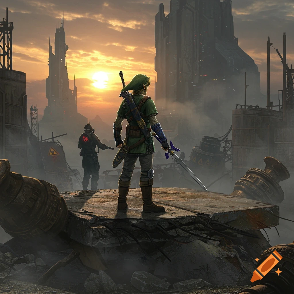 Link from Legend of Zelda stands on rubble in a post-apocalyptic city with a futuristic soldier, facing a sunset.