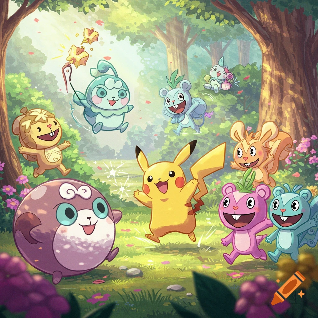 Pikachu, Happy Tree Friends, and Kikoriki-like characters joyfully playing in a sun-dappled forest.