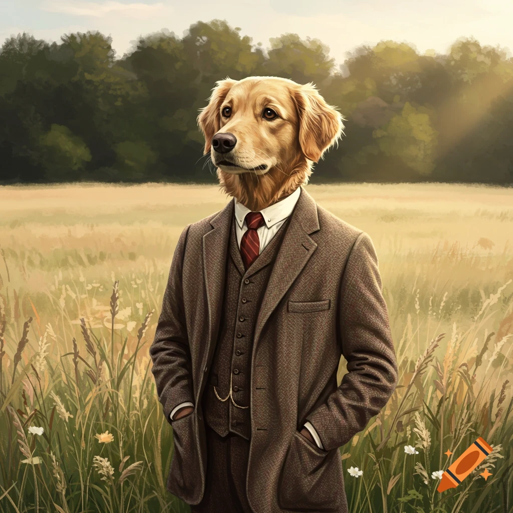 An anthropomorphic golden retriever in a brown tweed suit stands in a grassy field with trees in the background, painterly style.