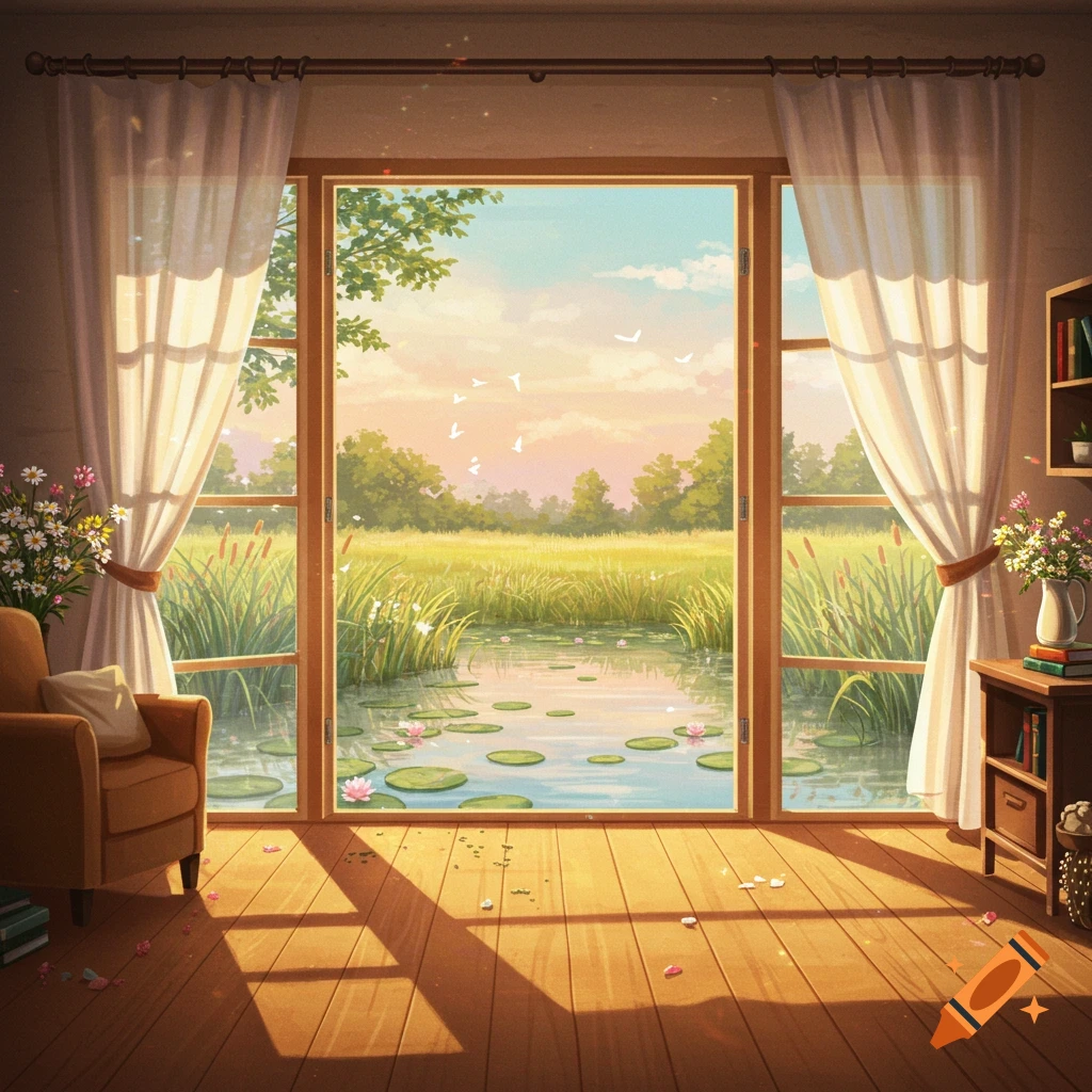 Cozy anime-style room with an armchair and curtains, overlooking a serene pond with lily pads and a grassy field at sunset.