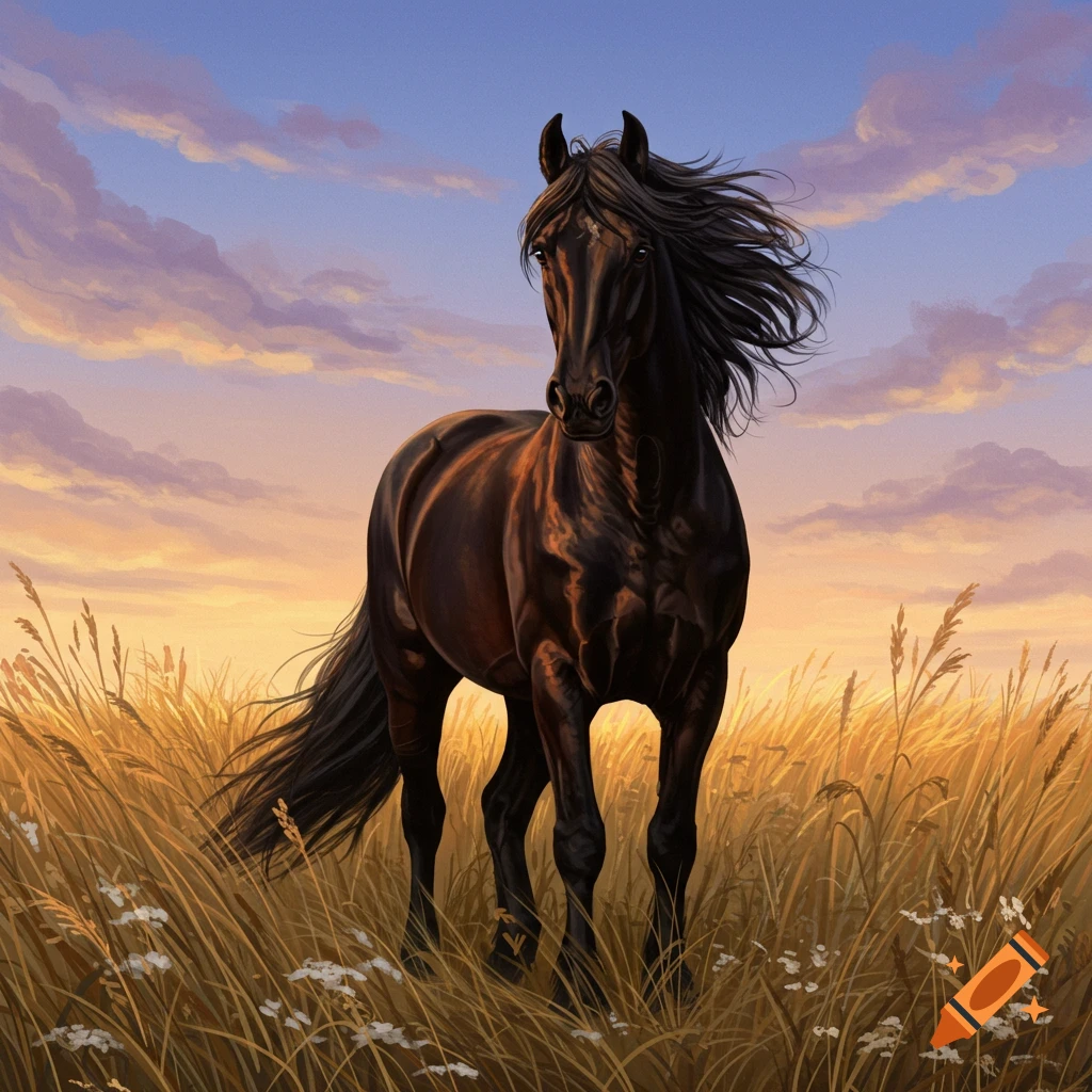 A majestic black horse stands in a golden field at sunset under a blue and orange sky, its mane blowing in the wind.