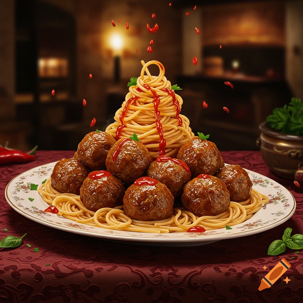 Photorealistic image of a towering plate of spaghetti and meatballs with red sauce, on a floral plate and red tablecloth.