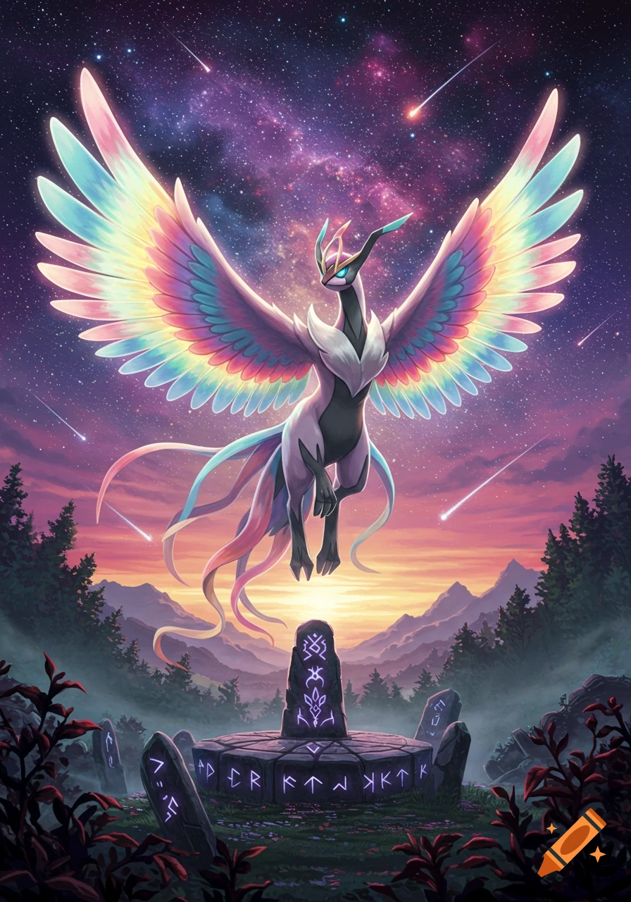 A mythical, rainbow-winged creature hovers over an ancient runic altar, beneath a vibrant starry night sky with shooting stars.