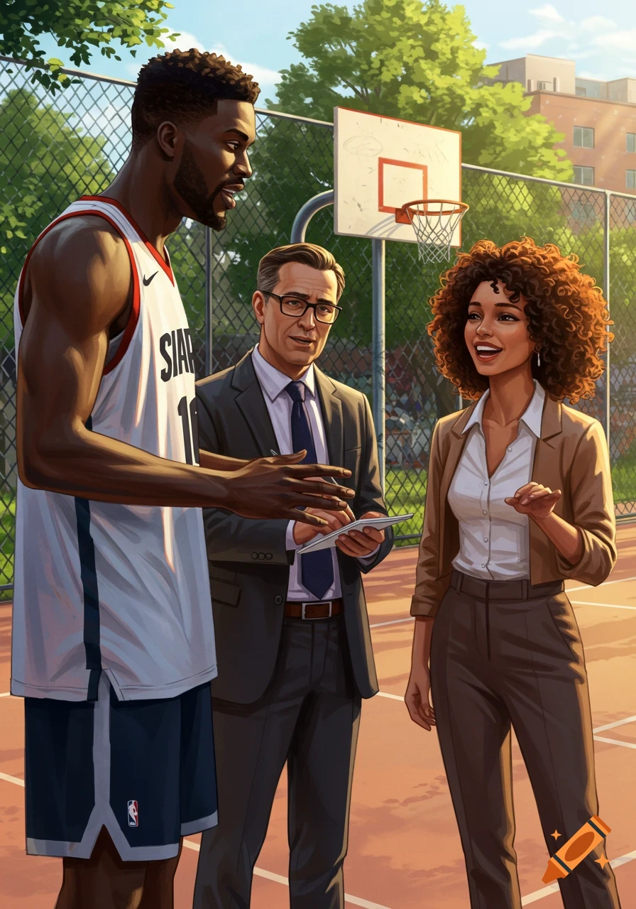 Illustrated scene: A Black basketball player talks to a man in a suit and a woman in business attire on an outdoor basketball court.