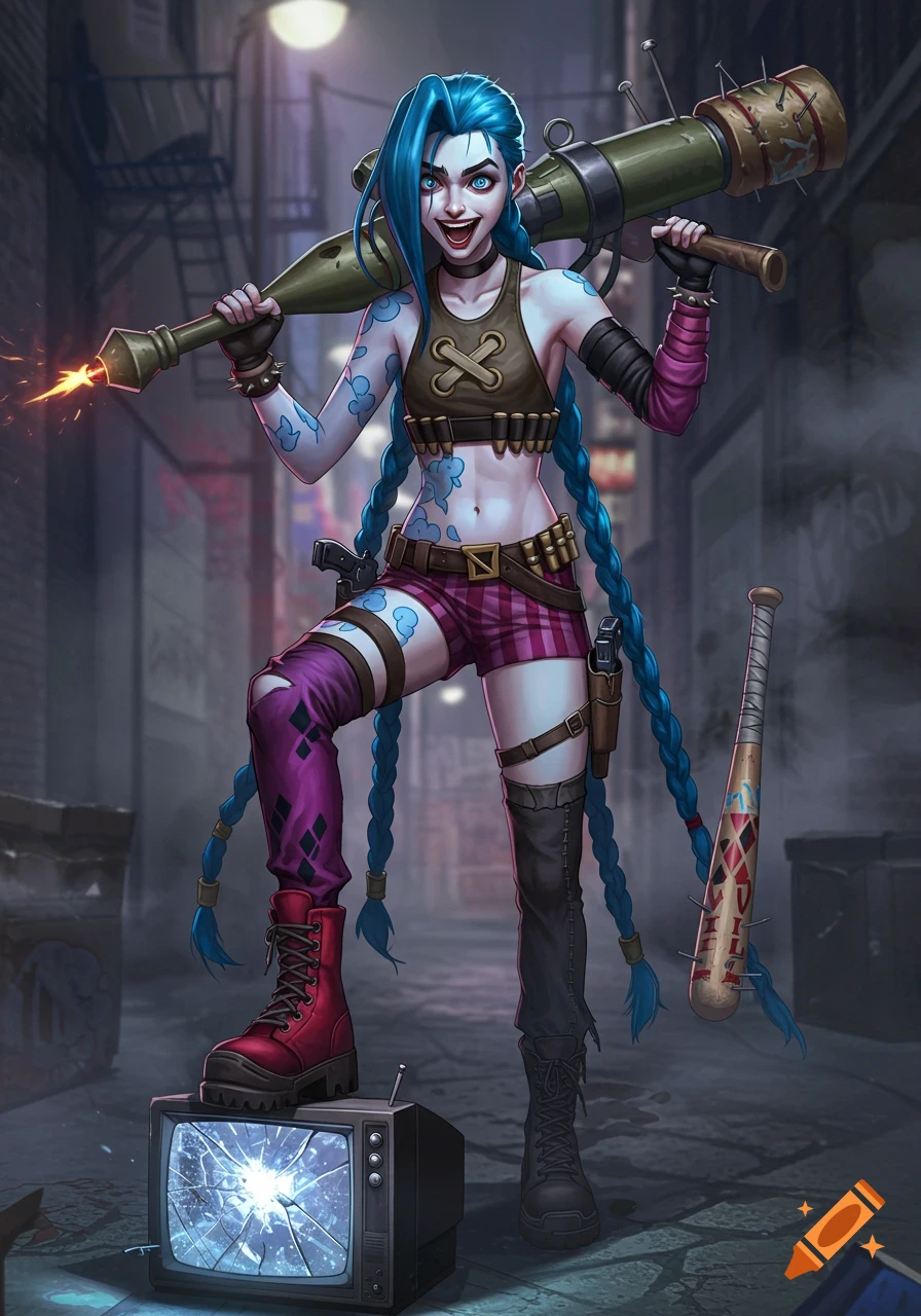 Jinx-Harley Quinn fusion character in a dark alley, holding a rocket launcher and a spiked baseball bat, with one foot on a broken TV.
