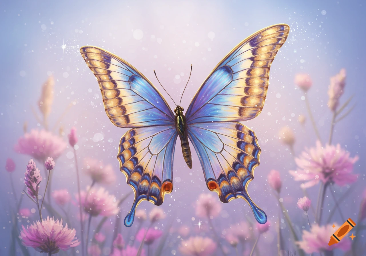 A vibrant blue and gold butterfly with open wings hovers in a dreamy, soft-focus field of pink and purple flowers with sparkling dust.