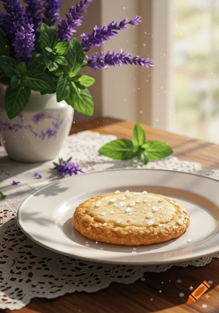 A close-up of a salt cookie on a white plate, with lavender flowers and mint leaves in the background, by a window.