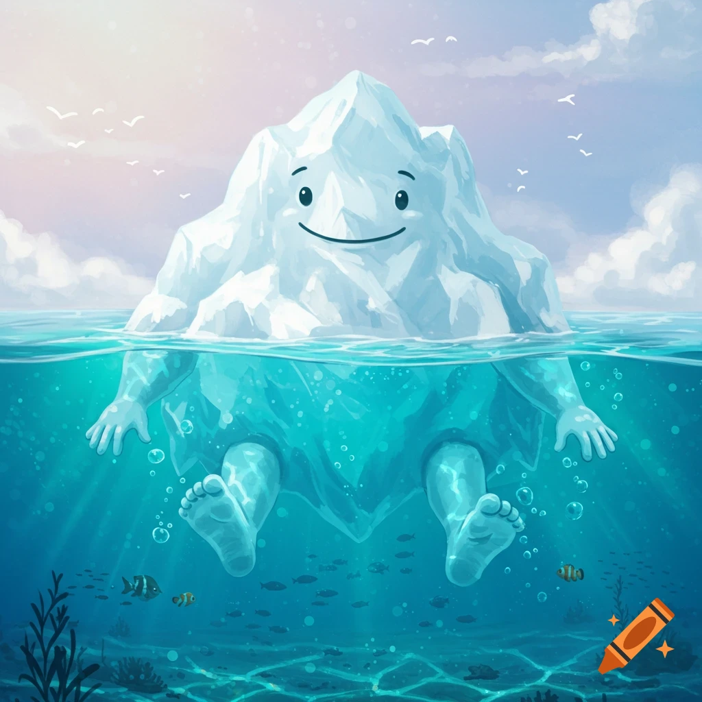 A smiling iceberg with human hands and feet floats in a vibrant blue ocean, with fish and coral, in a whimsical illustration.
