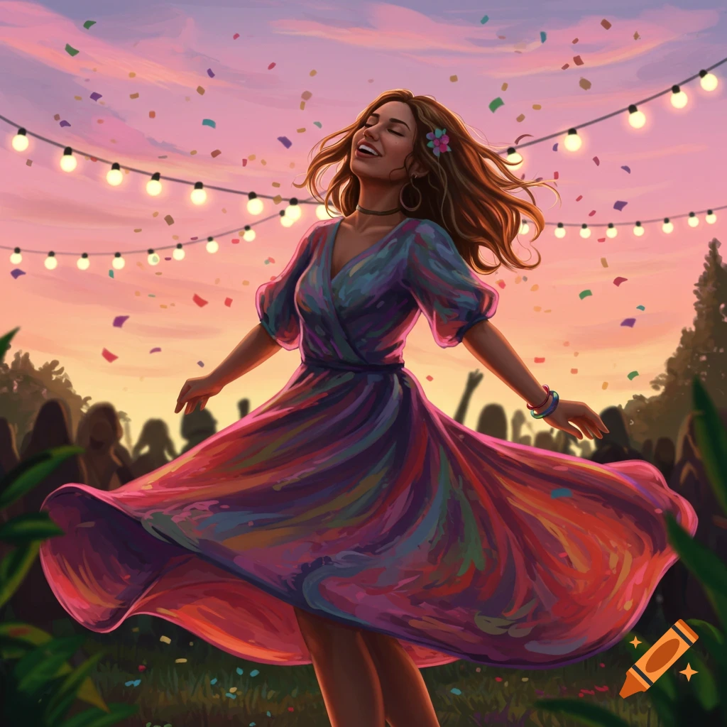 Vibrant painterly illustration of a happy woman dancing in a colorful dress at an outdoor festival with confetti and string lights.