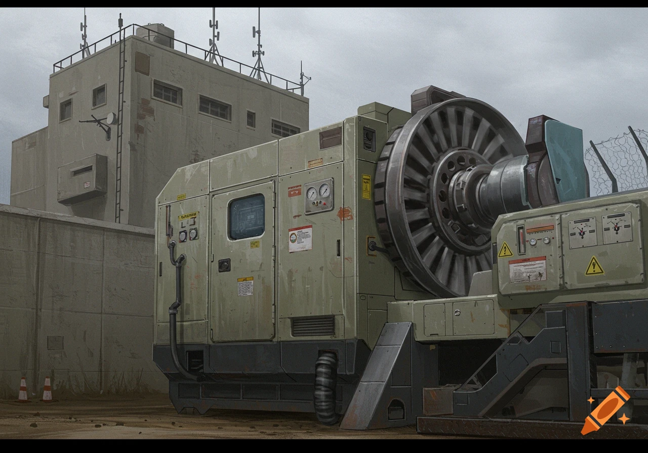 A digital painting of a weathered military generator next to a grey military building under an overcast sky.