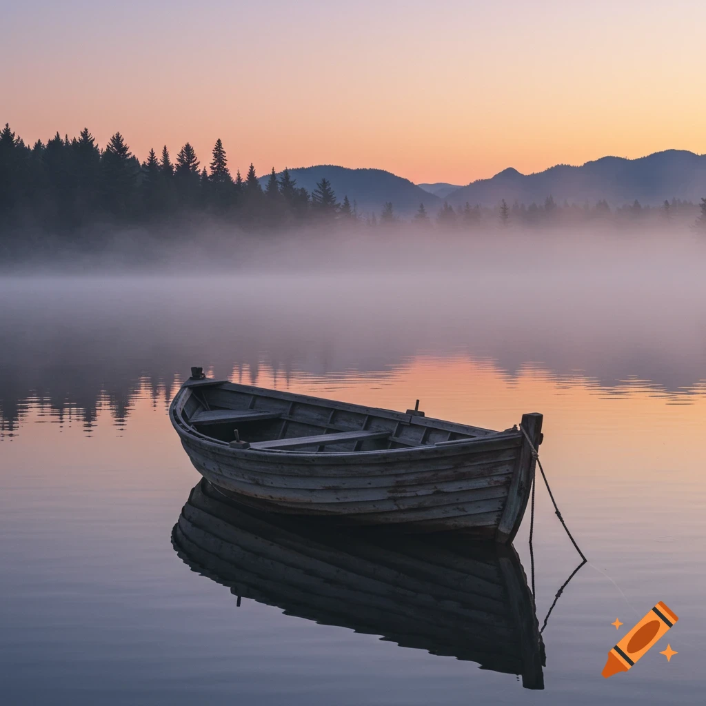 A solitary wooden boat floats on a misty lake with a forest and mountains under a soft, pastel sky.