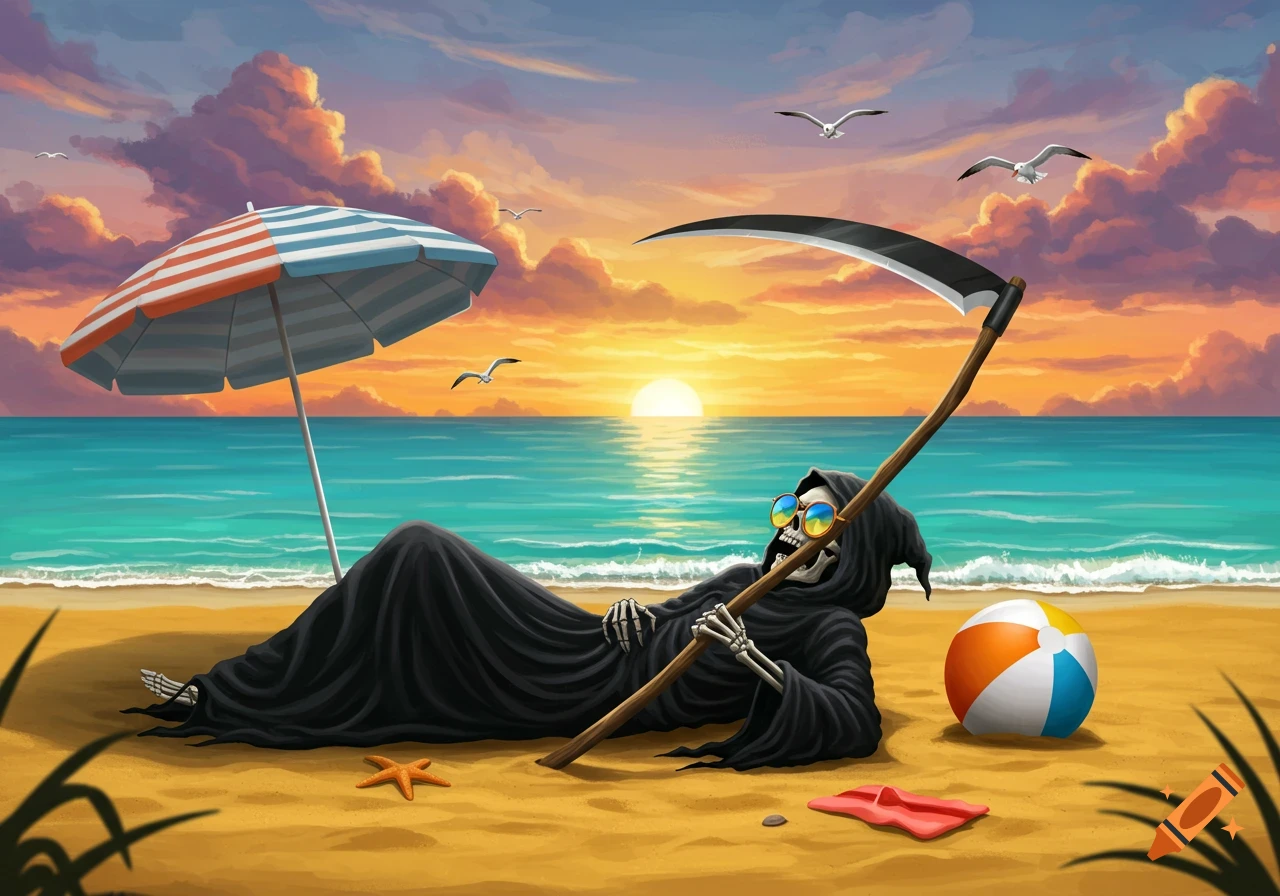 A cartoonish Grim Reaper wearing sunglasses relaxes on a sandy beach under an umbrella at sunset, holding his scythe.